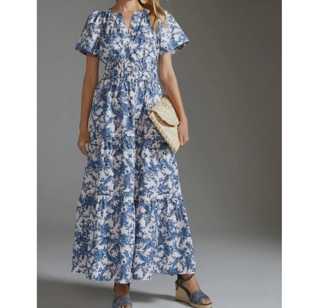 Anthropologie Somerset Blue White Toile Print Maxi Dress (XS)